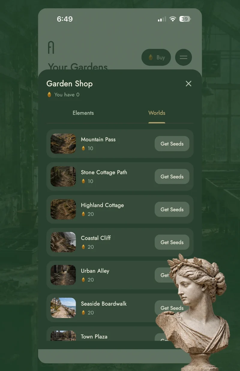 The Flourish shop, listing worlds to visit