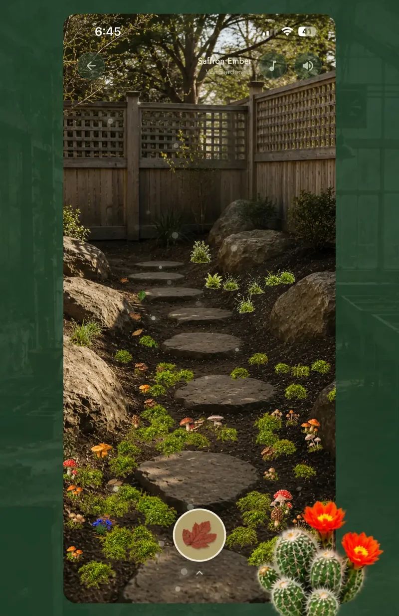 A backyard garden path in Flourish, alive with moss, mushrooms and small flowers