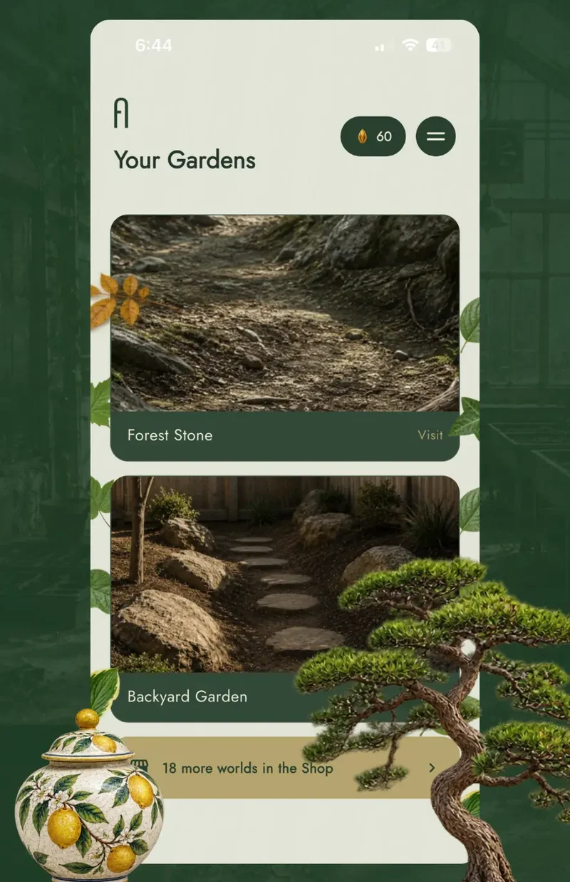 The Your Gardens screen in Flourish, showing saved worlds